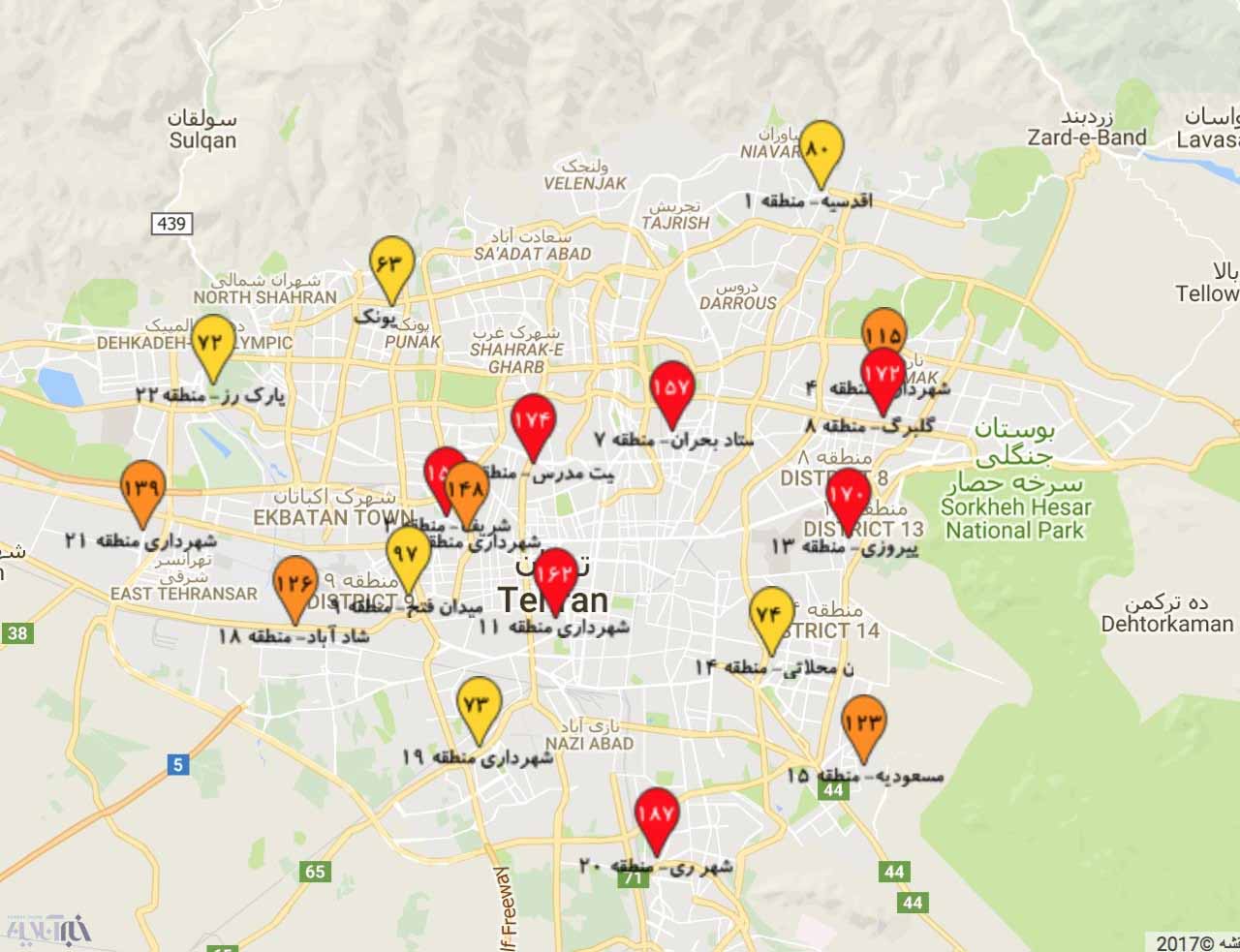نقشه آلودگی هوای تهران